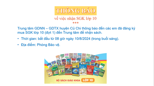 Thông báo về việc nhận SGK lớp 10.