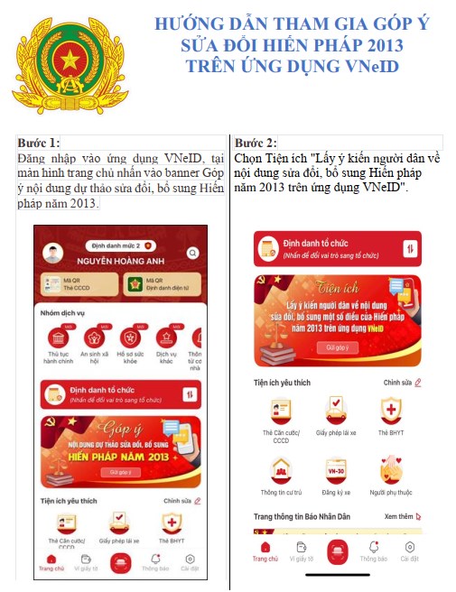 Hướng dẫn tham gia góp ý sửa đổi hiến pháp trên ứng dụng vneid
