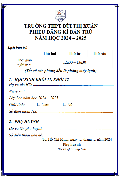 Phiếu đăng ký bán trú