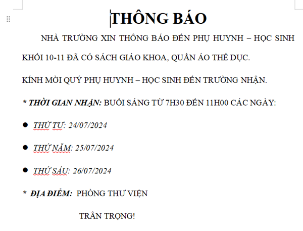 Thông báo nhận sách giáo khoa và đồ thể dục khối 10-11 năm học 2024-2025