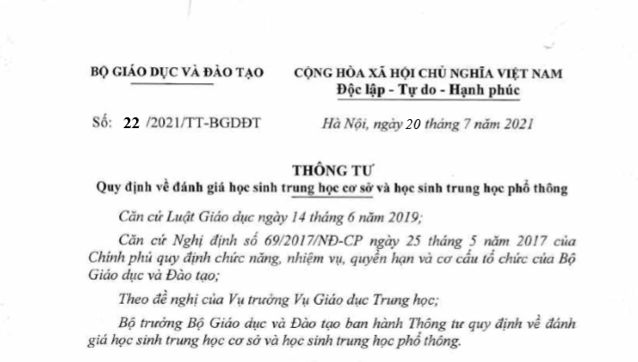 Thông tư 22/BGD Vv xếp loại học sinh THCS, THPT (trong đó bao gồm lớp 9 và lớp 12) từ năm học 2024 - 2025