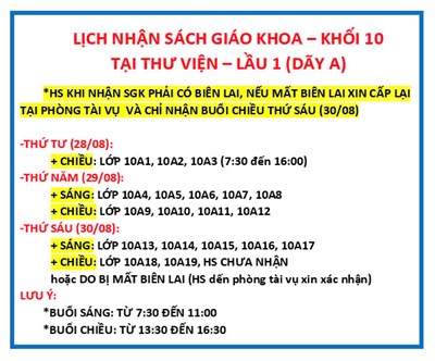 Lịch nhận sách giáo khoa - khối 10 (2024-2025)