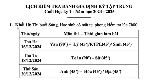Lịch kiểm tra đánh giá định kỳ tập trung cuối học kỳ 1
