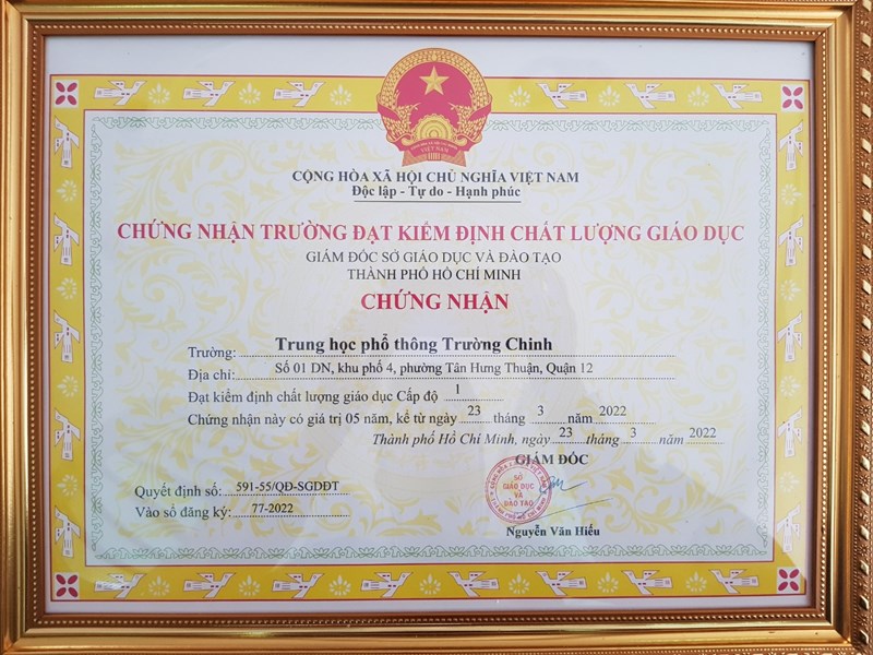 Trường THPT Trường Chinh được công nhận đạt kiểm định chất lượng giáo dục Cấp độ 1
