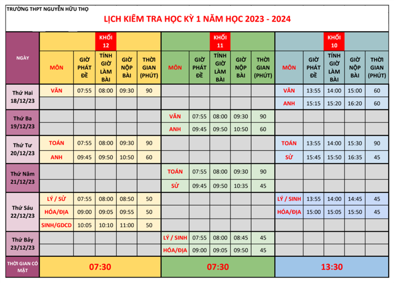 KH Ktra đánh giá HK1 NH23-24 và Lịch Ktra HK1 3 khối, Lịch Ktra chi tiết Khối 10, 11 (theo môn lựa chọn)