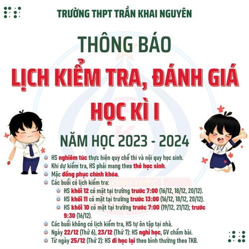 Lịch kiểm tra, đánh giá học kì i năm học 2023-2024