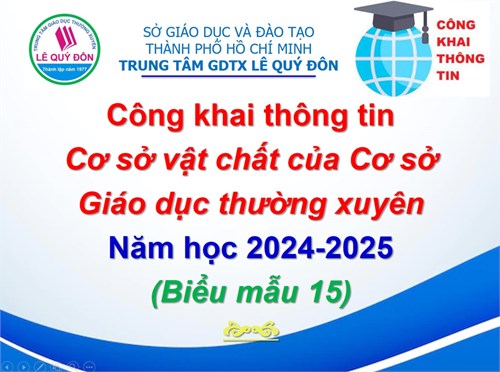 Công khai thông tin Cơ sở vật chất của Cơ sở Giáo dục thường xuyên Năm học 2024-2025 - (Biểu mẫu 15)