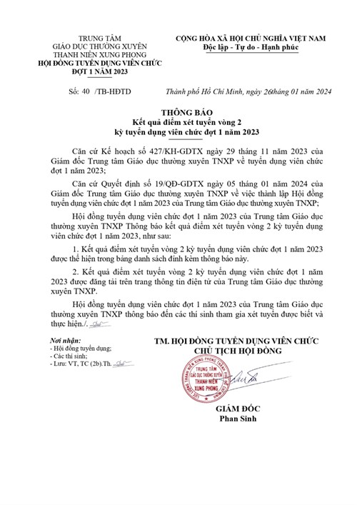 Kết quả điểm xét tuyển vòng 2 kỳ tuyển dụng viên chức đợt 1 năm 2023