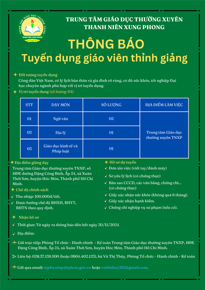Thông báo tuyển dụng giáo viên thỉnh giảng