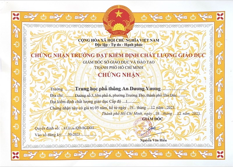 Chứng Nhận Trường Đạt Kiểm Định Chất Lượng Giáo Dục