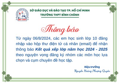 Kết quả xếp lớp 10 năm học 2024-2025