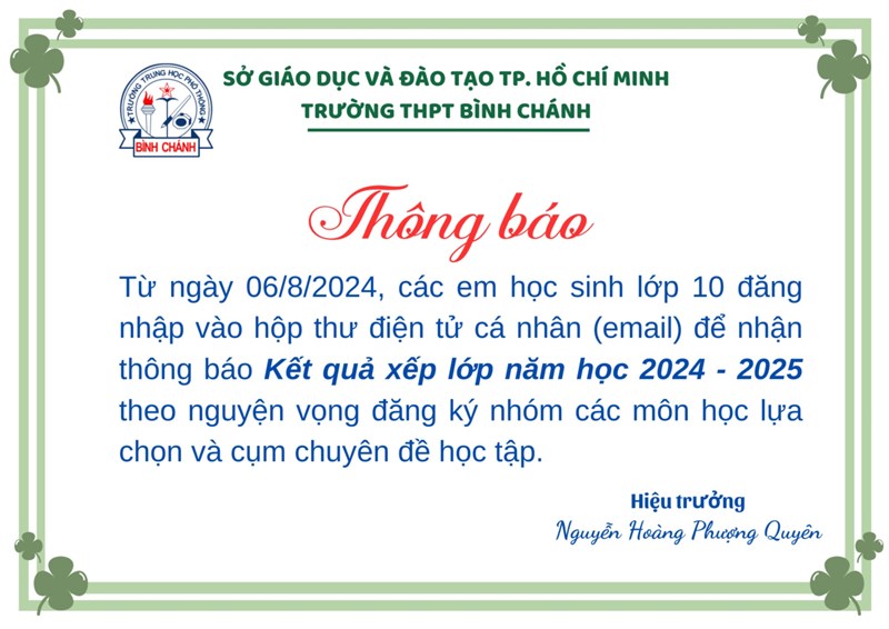 Kết quả xếp lớp 10 năm học 2024-2025