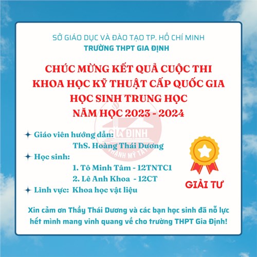 Đề tài trường THPT Gia Định tham gia Cuộc thi Khoa học kĩ thuật cấp quốc gia năm học 2023 - 2024