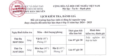Lịch kiểm tra đánh giá đối với trường hợp học sinh có đăng ký nguyện vọng được chuyển đổi môn học lựa chọn ở lớp 11 năm học 2024-2025