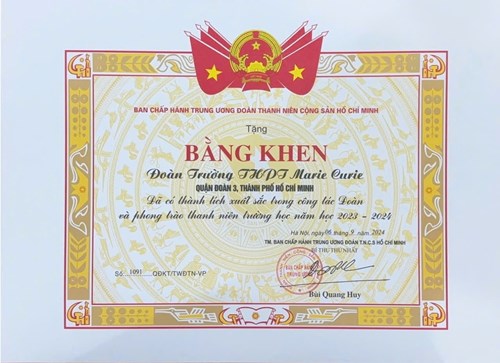 Chúc mừng Đoàn Trường THPT Marie Curie nhận Bằng khen Trung ương Đoàn vì đã có thành tích xuất sắc trong công tác Đoàn và phong trào thanh niên trường học năm học 2023 - 2024.