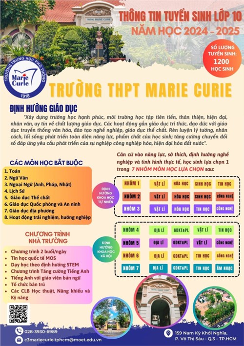 Thông tin Tuyển sinh vào lớp 10 Trường THPT Marie Curie - Năm học 2024-2025