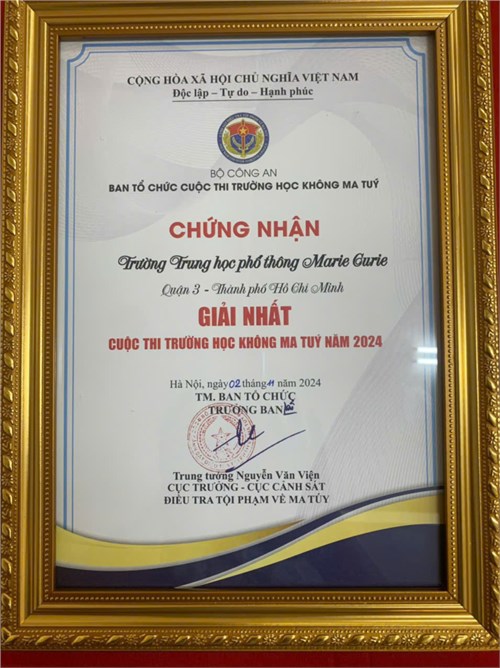Chúc mừng trường THPT Marie Curie đã đạt Quán quân cuộc thi  Trường học không ma túy mùa 2 năm 2024  do Bộ Giáo dục và Đào tạo, Bộ Công An và VTV tổ chức tại TP.HCM.
