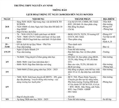 Thông báo Lịch Hoạt Động Từ Ngày 26/08/2024 Đến Ngày 06/9/2024