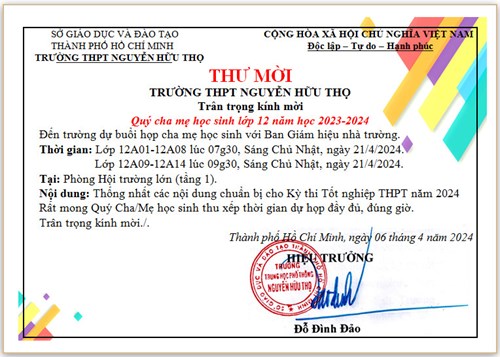 Thư mời họp CMHS khối 12