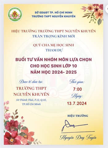 Thư mời Quý Cha Mẹ Học Sinh tham dự  Buổi tư vấn nhóm môn lựa chọn cho học sinh lớp 10 năm học 2024 - 2025 