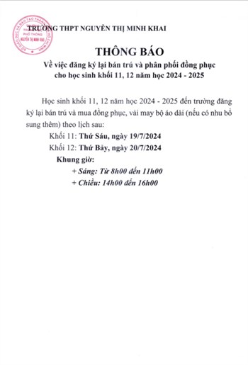 Thông báo về việc đăng ký lại bán trú và phân phối đồng phục cho học sinh khối 11, 12 năm học 2024 - 2025