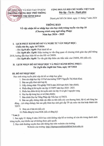 Thông báo về việc nhận hồ sơ nhập học của học sinh trúng tuyển vào lớp 10 (chương trình song ngữ tiếng Pháp) Năm học 2024 - 2025