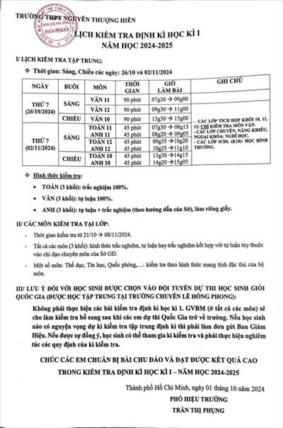 Lịch kiểm tra định kì học kì i năm học 2024-2025