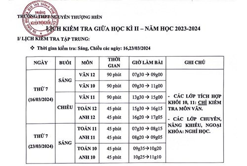 Lịch kiểm tra giữa học kỳ ii năm học 2023-2024