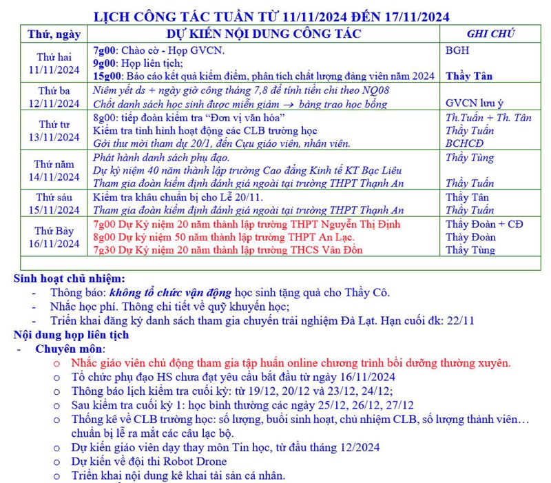 Lịch công tác tuần từ 11/11-16/11