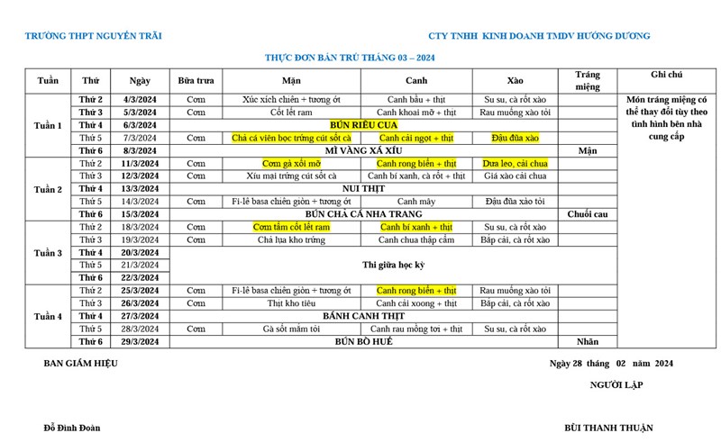 Thực đơn bán trú tháng 3/2024
