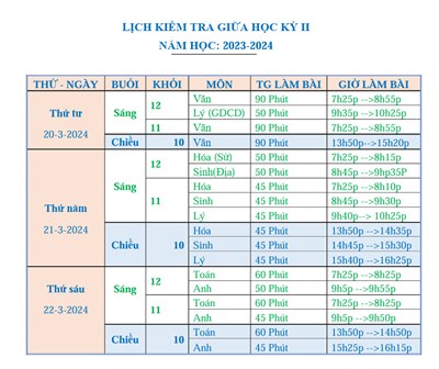 Lịch kiểm tra giữa kỳ 2 năm học 2023-2024