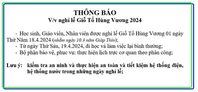 Thông báo về việc nghỉ lễ Giỗ Tổ Hùng Vương 2024