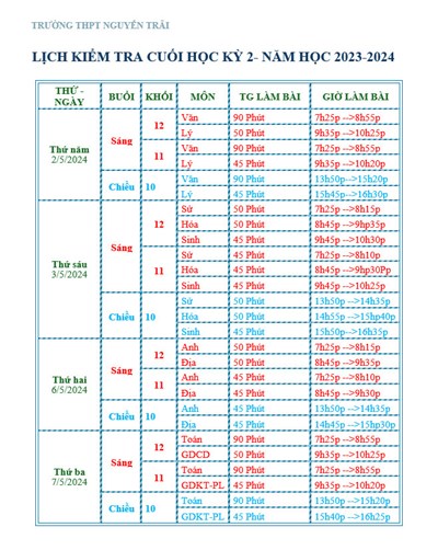 Lịch kiểm tra cuối học kỳ 2 năm học 2023-2024