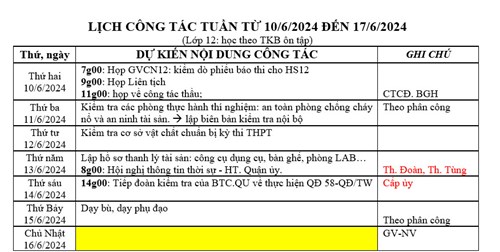 Lịch công tác tuần từ 10/6/2024 đến 17/6/2024