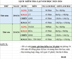 Lịch kiểm tra lại năm học 2023-2024