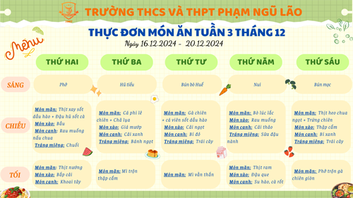 Thực đơn món ăn ngày 16.12.2024 - 20.12.2024