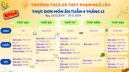 Thực đơn món ăn ngày 23.12.2024 - 27.12.2024
