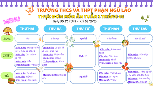 Thực đơn món ăn ngày 30.12.2024 - 03.01.2025