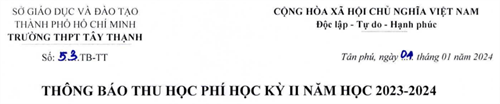 Thông báo thu học phí học kỳ II Năm học 2023-2024