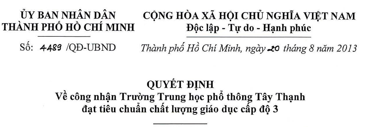 Quyết định số 4489 của UBND về công nhận Trường THPT Tây Thạnh đạt tiêu chuẩn CLGD cấp độ 3
