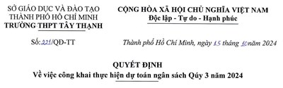 Quyết định về việc công khai thực hiện dự toán ngân sách Quý 3 năm 2024