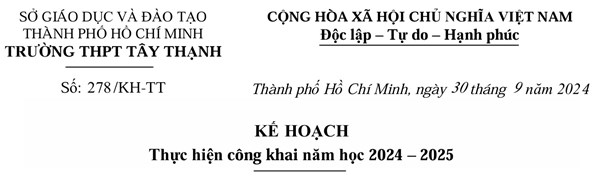 Kế hoạch thực hiện công khai năm học 2024 – 2025