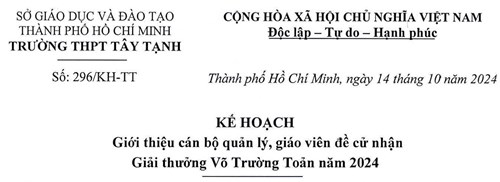 Kế hoạch giới thiệu cán bộ quản lý, giáo viên đề cử nhận Giải thưởng Võ Trường Toản năm 2024
