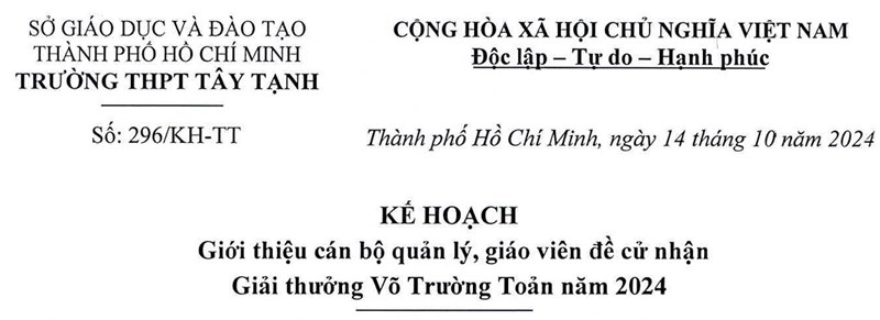 Kế hoạch giới thiệu cán bộ quản lý, giáo viên đề cử nhận Giải thưởng Võ Trường Toản năm 2024