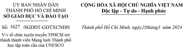 Công văn V/v tổ chức tuyên truyền TPHCM trở thành thành viên Mạng lưới Thành phố học tập toàn cầu của UNESCO