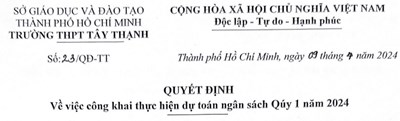 Quyết định về việc công khai thực hiện dự toán ngân sách Quý 1 năm 2024