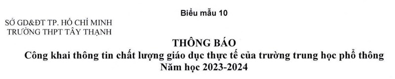 Thông báo công khai thông tin chất lượng giáo dục thực tế của trường trung học phổ thông Tây Thạnh Năm học 2023-2024