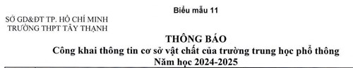 Thông báo công khai thông tin cơ sở vật chất của trường trung học phổ thông Tây Thạnh Năm học 2024-2025