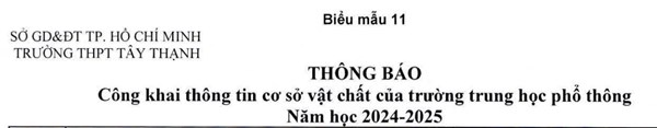 Thông báo công khai thông tin cơ sở vật chất của trường trung học phổ thông Tây Thạnh Năm học 2024-2025