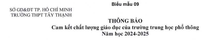 Thông báo cam kết chất lượng giáo dục thực tế của trường trung học phổ thông Tây Thạnh Năm học 2024-2025